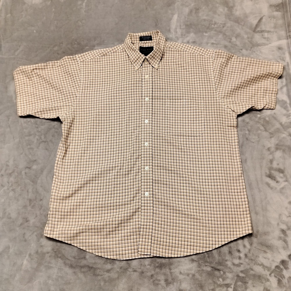 Towncraft Shirt Men Large Tan Wrinkle-Free Button Down Plaid Short Sleeve Casual